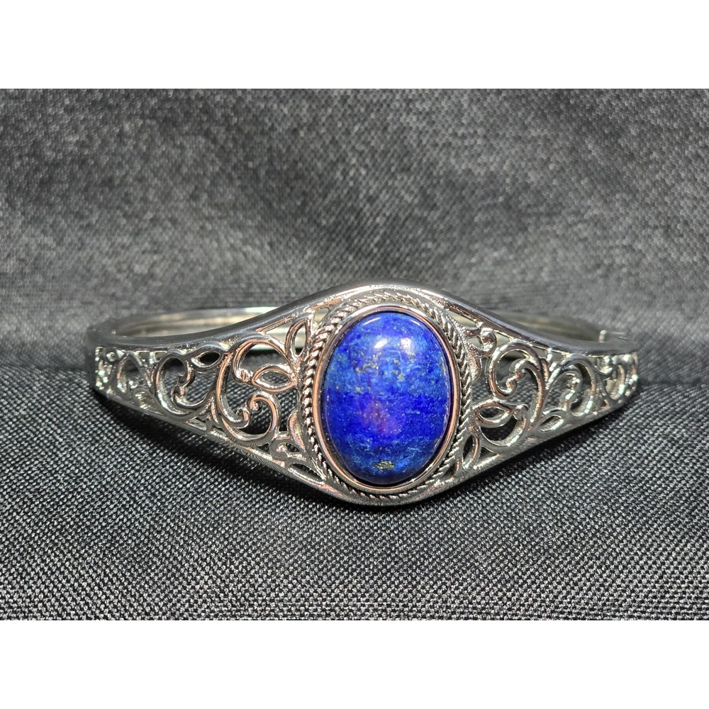 Lapis Lazuli Filigree Hinged Bangle Bracelet Silver‎ Tone Ornate Scroll